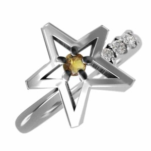 Pt900 星の形 指輪 シトリントパーズ 天然ダイヤモンド