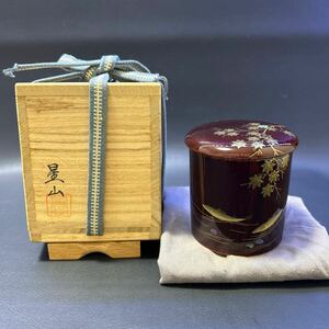 H22-7 茶道具 棗 【中林星山作　 青楓に鮎蒔絵　金輪寺棗　螺鈿】サイズ:直径6.8cm、高さ7.2cm 共箱あり 初だし品