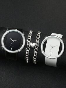 腕時計 ペアウォッチ おしゃれでシンプルなカップルベルト クオーツ腕時計、中空の文字盤デザイン + ハート型ブレスレットセット（4