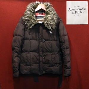 アバクロンビー&フィッチ Abercrombie＆Fitch アバクロ ファー 裏地付き チェック柄 ロゴ ダウン ジャケット ハーフコート 茶色 S サイズ