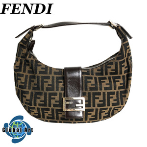 ●3D363【美品】FENDI フェンディ/ハンドバッグ/ワンショルダー/ズッカ/シルバー金具/キャンバス/レザー/ブラウン