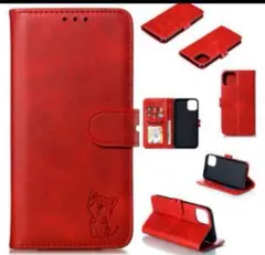 IPhone 11 Pro Max 手帳型ケース 携帯ケース ねこ  赤