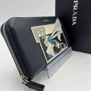 1円●美品・入手困難●PRADA プラダ 長財布 ラウンドファスナー ジッピーウォレット サフィアーノレザー 本革 ネイビー コラボ メンズ