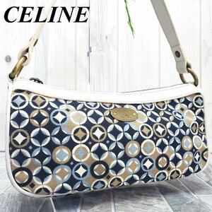 【極美品】CELINE セリーヌ　キャンバス レザー ミニショルダーバッグ アクセサリーポーチ　マルチ 白　ゴールド金具　レディース