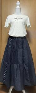 着物リメイク シンプル　絣(木綿)のパッチワークティアードスカート　フリーサイズ
