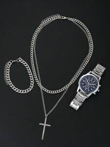 メンズ ジュエリー セット 男性用スポーティー腕時計 クロスネックレス ブレスレット セット 3個入り 予備ベルト 付属 ギフト用