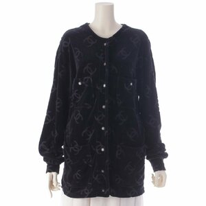 【シャネル】Chanel　96P ベロア 総柄 ロゴ ノーカラー カーディガン ジャケット コート ブラック 36 【中古】【正規品保証】205573