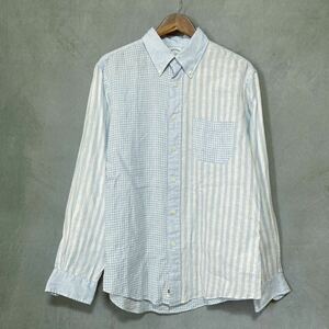 BROOKS BROTHERS ブルックスブラザーズ REGENT FIT リネン100% クレイジーパターン BD シャツ size.L ブルー チェック ストライプ