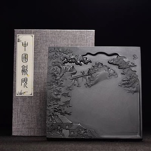 中国 佳品 無形文化遺産 純手作り雕刻 《江南》（14.5cm*14.5cm*2.5cm）老坑 端硯 天然 硯 佳品 收藏 書道 絵画 文房四寶 歙硯黒竜尾SY396