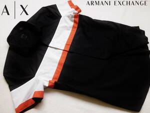 新品★アルマーニ★セクシーな ブラック 半袖シャツ★ボーリングシャツ ワークシャツ 黒 白 オレンジボーダー L★A/X ARMANI☆525