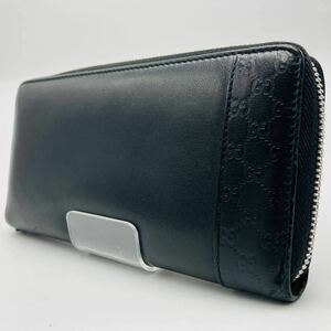 1円【極美品】GUCCI グッチ 長財布 ウォレット 小銭入れ ラウンドファスナー グッチシマ GG柄 レザー 革 黒 ブラック メンズ ビジネス