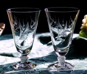 1938年～ フォストリア クリスタル シンシア エッチング タンブラー パフェグラス 2個 フラワー 酒 バーグラス ビンテージ アンティーク