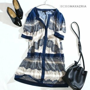 ビーシービージーマックスアズリア BCBG MAXAZRIA 夏 ストレッチ ジャージ― リゾート プルオーバー 半袖 ワンピース M ネイビー 紺 白