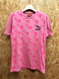 プーマ PUMA Tシャツ サークル柄 総柄 ロゴプリント クルーネック 丸首 ボックスカット カットソー 半袖 綿100% L ピンク レディース