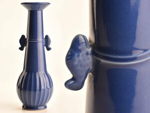 【流】中国美術 瑠璃釉双耳花瓶 高27cm 箱付 KV728