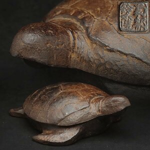 ER954 時代金工【南部 鈴木 造】鉄製「亀」蓋物 幅24cm 重1.9kg・鉄海亀煙草入・鐵龜盖盒・小物入