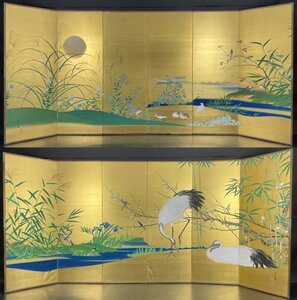 【屏風屋】5x　高橋史光 筆 金台肉筆 花鳥図 屏風 高さ 約171.5cm 六曲一双 絹本肉筆 落款有 鶴図 菖蒲図 日本画