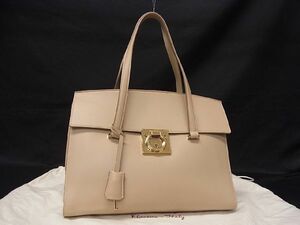 1円 ■極美品■ Salvatore Ferragamo フェラガモ DY-21 F818 マラ ガンチーニ レザー トート ショルダー ハンドバッグ ベージュ系 AD2428WZ