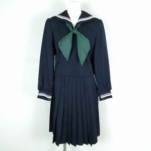 1円 セーラー服 スカート スカーフ 上下3点セット 冬物 白2本線 女子 学生服 中学 高校 紺 制服 中古 ランクB NA0523