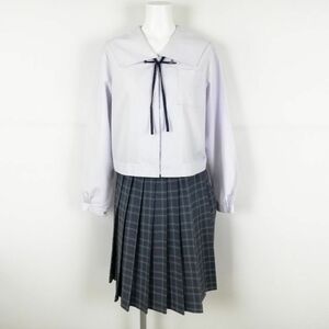 1円 セーラー服 チェックスカート 紐タイ 上下3点セット 大きいサイズ カンコー 中間服 女子 学生服 中学 高校 白 中古 ランクC NA1443