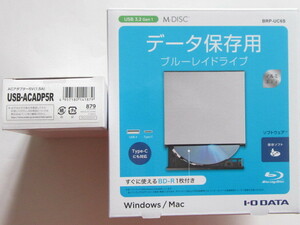 美品★IO DATA★Type-C対応ポータブルブルーレイ、BRP-UC6S★ACアダプター、USB-ACADP5R