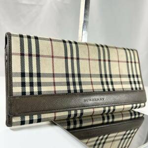 【美品】1円〜 BURBERRY バーバリー 長財布 ノバチェック がま口 レザー ロゴ レディース メンズ ロングウォレット ブラウン 