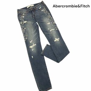 【新品 未使用】 Abercrombie&Fitch アバクロ 花柄&ビジュー♪ ダメージ加工 スキニー デニム パンツ Sz.24　レディース　K4B00235_3#R