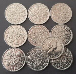 英国幸せのシックスペンス イギリス 10枚セットラッキー6ペンス コイン本物古銭英国コイン 美品です19.5mm 2.8gram 6ペンス 
