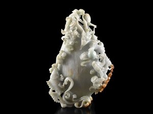 【雲】某名家収蔵品 中国古玩 唐物 白玉 貝魚細密彫刻 置物 5.5×11.5×16cm 古美術品(旧家蔵出)Y563 UTlkj