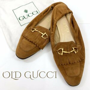 Old GUCCI オールド グッチ ホースビット フリンジ フラット シューズ ローファー 101 1373 ブラウン スエード 7 約24cm レディース 靴