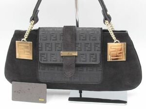 ◆中古 FENDI フェンディ ズッカ ズッキーニ スエード ハンドバッグ ショルダー 8BR406 BORSA GOLDEN ブラック系 黒 ゴールド金具◆