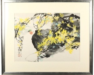 真作保証 中国画家 袁波 半耕 「迎春」花鳥図 肉筆 額装 大作 中国画 　 墨彩画 逸品 額付絵画 共箱 中国 美術 油彩 水墨 水彩