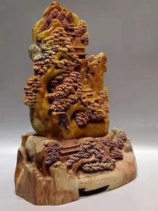中国美術　時代物　精品　寿山石の深山楼閣紋山子　置物