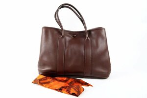 【美品】HERMES エルメス ガーデンパーティTPM □I刻 ハンドバッグ ブラウン ツイリースカーフ【PC46】