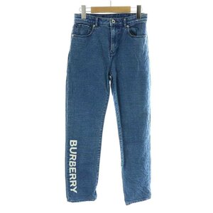 バーバリー BURBERRY デニムパンツ ジーンズ ジップフライ ロゴプリント USED加工 麻 リネン混 12Y 152cm 青 ブルー 白 ホワイト