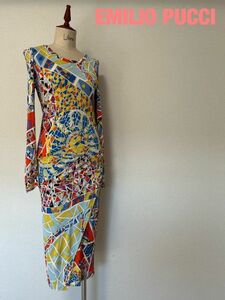 HH0031★10 高級 近年モデル Emilio Pucci エミリオプッチ ストレッチ生地 総柄 レイヤードデザイン ロング ワンピース フォーマル ドレス