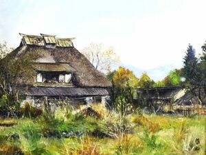 《真作》★渡辺 啓一【信濃木崎 (長野)】油彩 4号＊新鋭選抜展＊神奈川県議会議長賞＊細密画＊古民家.藁葺屋根＊美しい風景＊神奈川＊[桃]