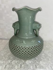 高麗青磁　透かし彫り花瓶　熊津民族陶芸研究院　説明証付き