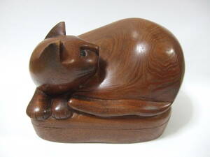 木彫 木製 置物★猫 ネコ ねこ 動物★木工 一刀彫? 猫の木彫 アンティーク 茶色