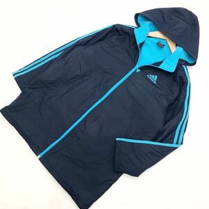 アディダス adidas ベンチコート ナイロンジャケット グランドコート 160cm 子供用 キッズ ネイビー 背ロゴ スポーツウェア■D134