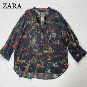 ZARA 大人素敵スタイル　すみ黒　ボタニカル　花柄　スキッパーとろみプルオーバーシャツ ブラウス　サイズL ザラ♪