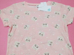 新品 130 ネコ柄 半袖Tシャツ ピンク ねこ総柄プリント ドット柄 かわいい もふもふ 猫フェイス 子供 小学生 女の子 夏物 120cm〜 送料無料