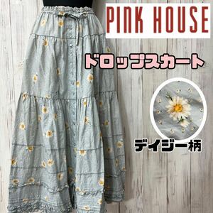 M■ PINK HOUSE ピンクハウス ブルーグレー デイジー ドロップスカート フリーサイズ ウエストゴム グレー系 ロングスカート ピンタック 