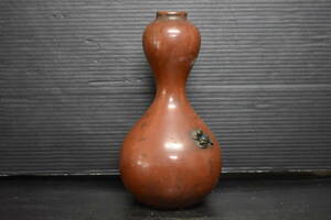 うぶ品　時代物　銅製金工蛙彫刻瓢箪形花瓶　花器　壺　古美術品
