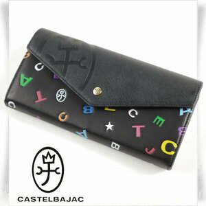 新品1円～★CASTELBAJAC カステルバジャック 箱付き 牛革レザー 二つ折り長財布 ロングウォレット ライラ 黒 かぶせ ロゴ 本物◆2053◆