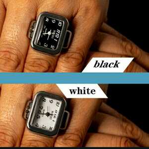 新品　未使用　指輪　時計　四角　フリーサイズ　銀　黒白セット　5