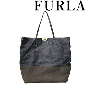 【中古】【非常に良い】FURLA バッグ ブランド フルラ トート ネイビー×ブラウン 鞄 R-FURLA-B-0559-04