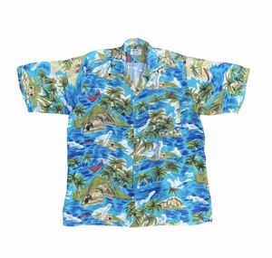 100円スタート 50s60s NATIONAL SPORT SHIRTS by Manhattan オープンカラー レーヨン アロハシャツ 半袖 M ヴィンテージ 総柄 開襟