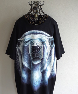 1990s ヴィンテージ USA製 TRINITY PRODUCTS ポーラーベア アニマルプリント ビッグシルエット Tシャツ 黒 フリーサイズ クマ 白熊 古着