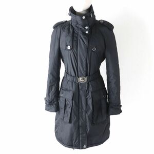 美品★BURBERRY BRIT バーバリーブリット 裏地ノバチェック柄 ベルト・フード付 ZIP UP 中綿ロングコート レディース 40 ブラック